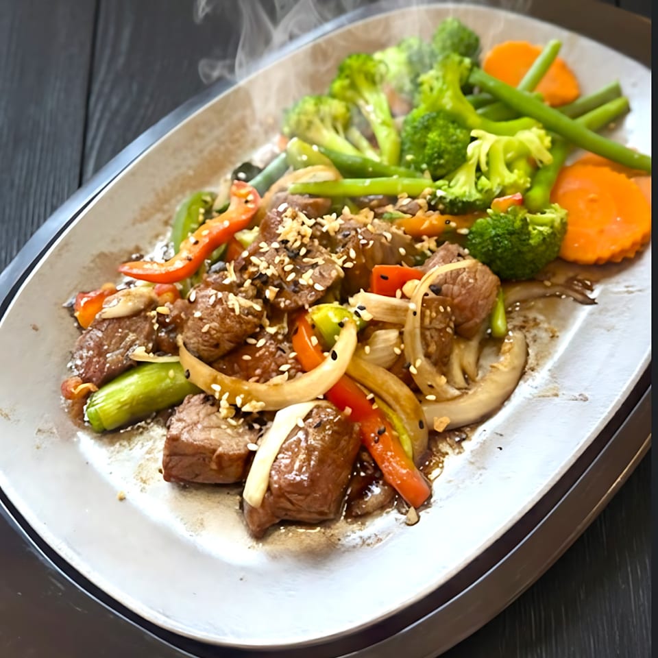 Steaming Thai beef stir-fry with broccoli, carrots, and bell peppers on a sizzling platter.