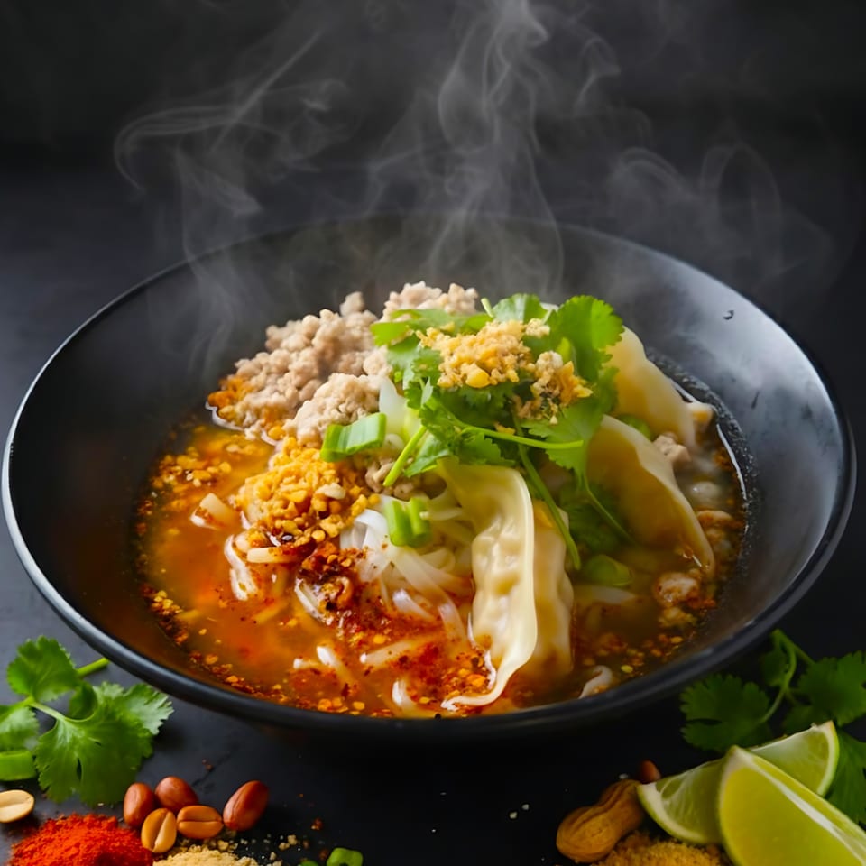 Steaming bowl of spicy Thai noodle soup with minced pork, dumplings, and fresh herbs.
