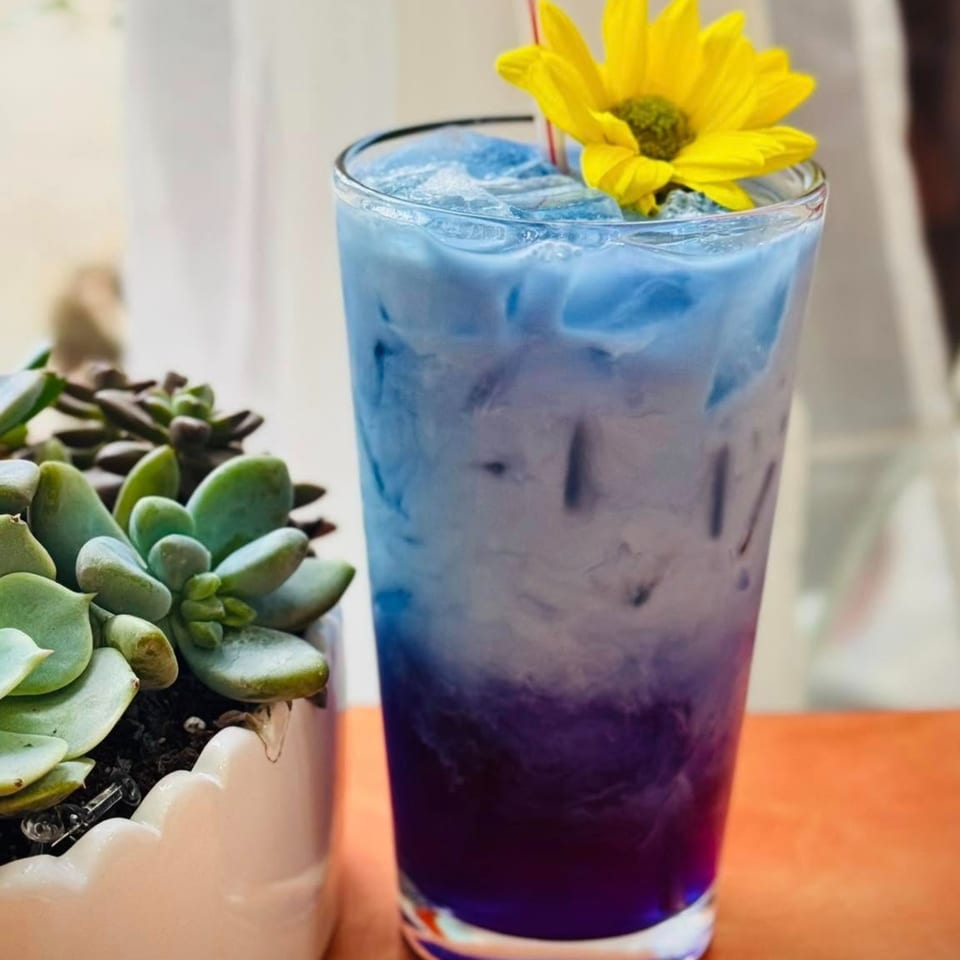 A vibrant blue and purple Thai iced tea with a yellow flower garnish and succulent plant.